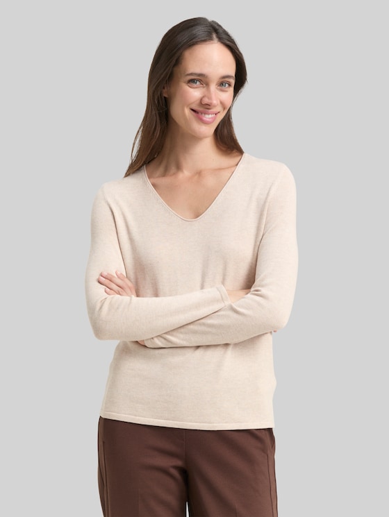 Jumper with V-neckline - desert sand melange