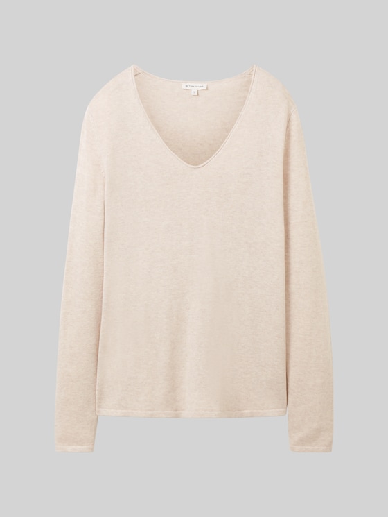 Jumper with V-neckline - desert sand melange