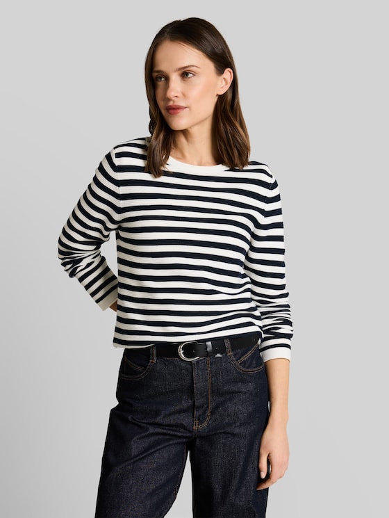 Cotton knitted jumper - dark navy white stripe
