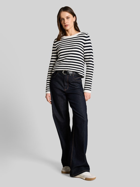 Cotton knitted jumper - dark navy white stripe