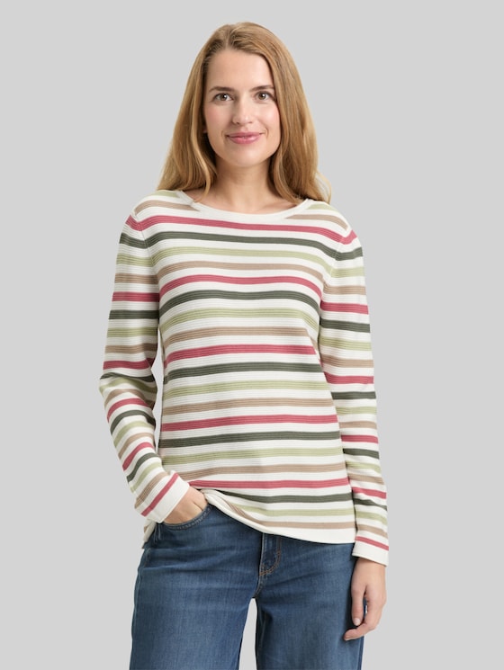 Cotton knitted jumper - cloudy green pink stripe