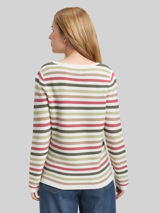 Cotton knitted jumper - cloudy green pink stripe