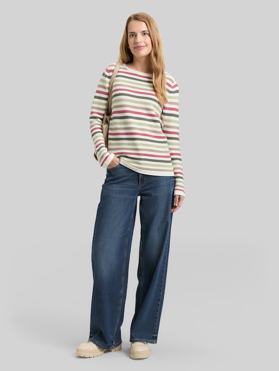 Cotton knitted jumper - cloudy green pink stripe