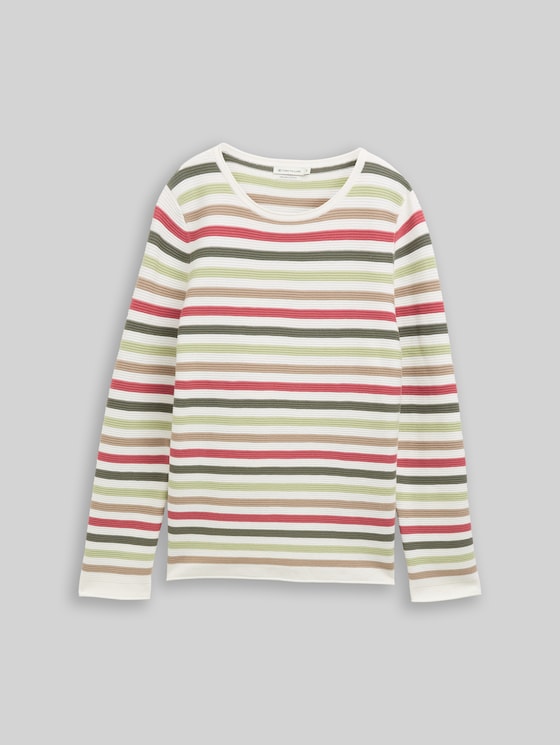 Cotton knitted jumper - cloudy green pink stripe
