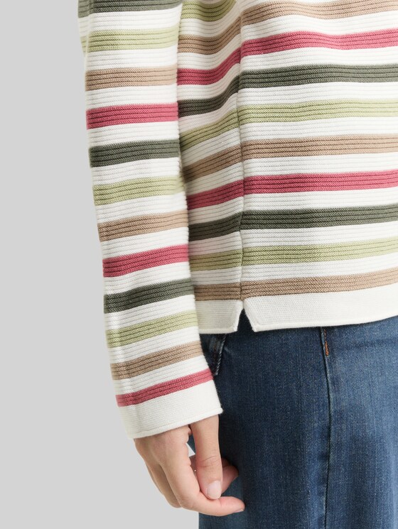 Cotton knitted jumper - cloudy green pink stripe