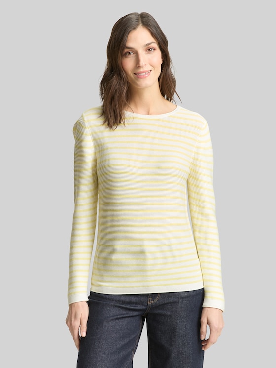 Cotton knitted jumper - yellow offwhite knit stripe