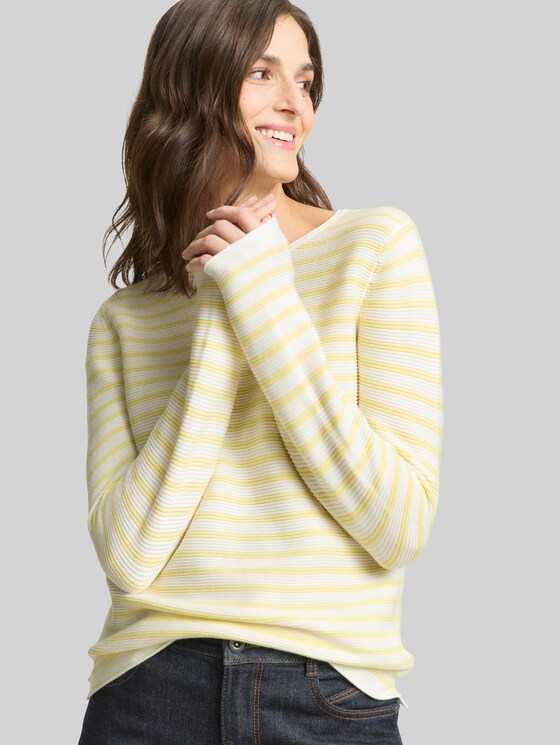 Cotton knitted jumper - yellow offwhite knit stripe