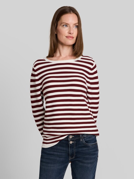 Cotton knitted jumper - preppy plum stripe