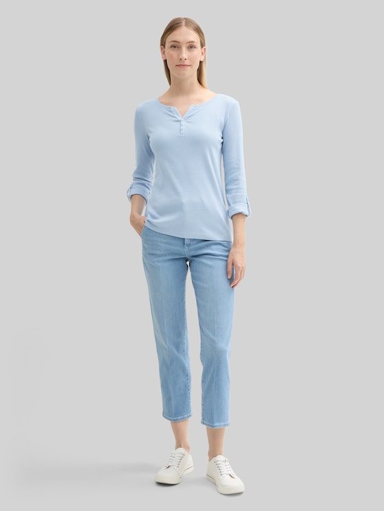 Long-sleeved top with turn-up feature - light fjord blue white stripe