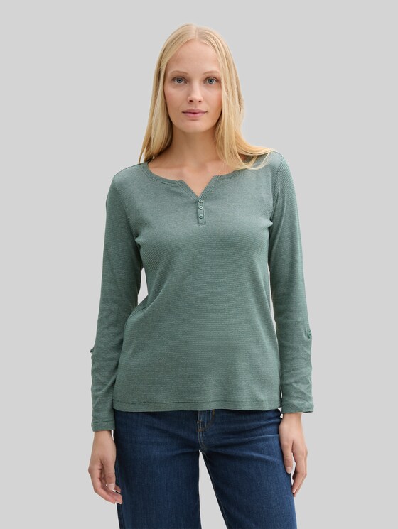 Long-sleeved top with turn-up feature - off white green small stripe