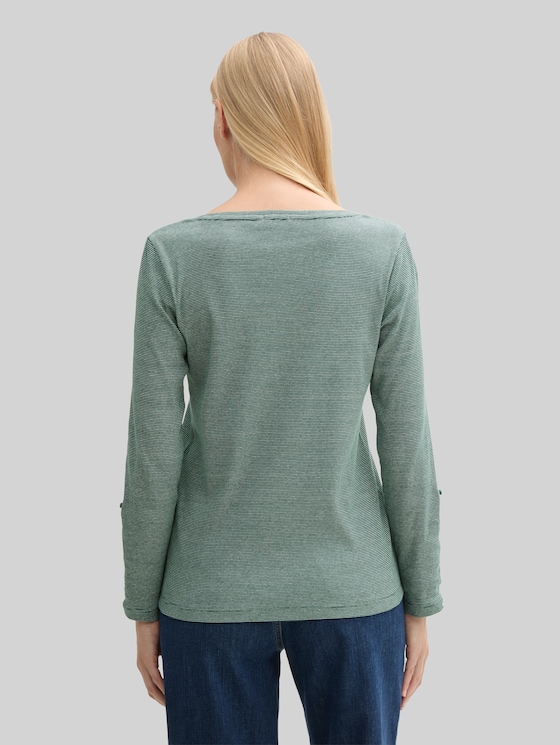 Long-sleeved top with turn-up feature - off white green small stripe