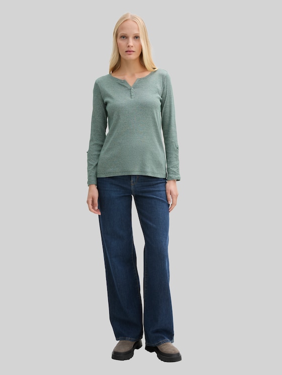 Long-sleeved top with turn-up feature - off white green small stripe
