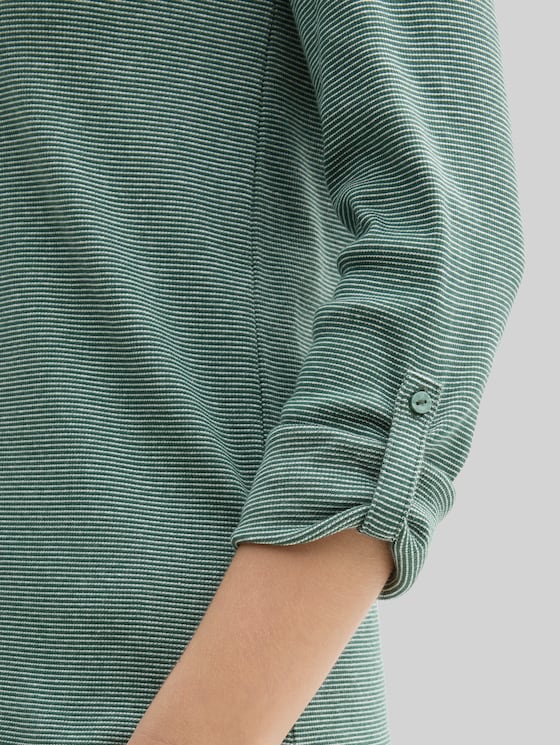 Long-sleeved top with turn-up feature - off white green small stripe