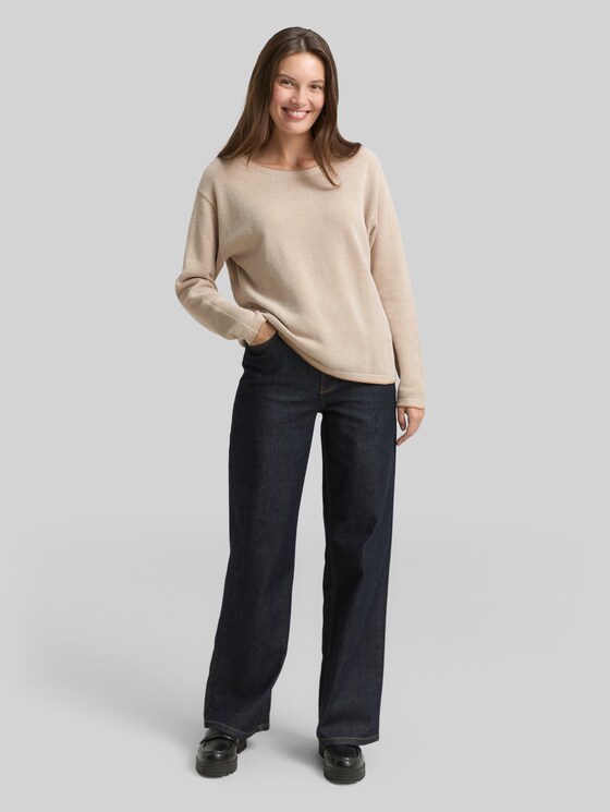 Loose-fit cotton knitted jumper - beige bubble structure