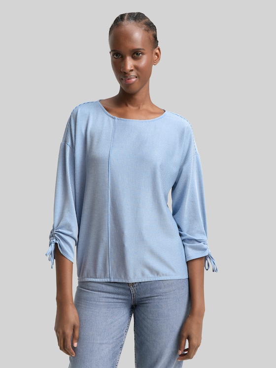 Loose-fit long-sleeved top with gathered sleeves - small mid blue white stripe