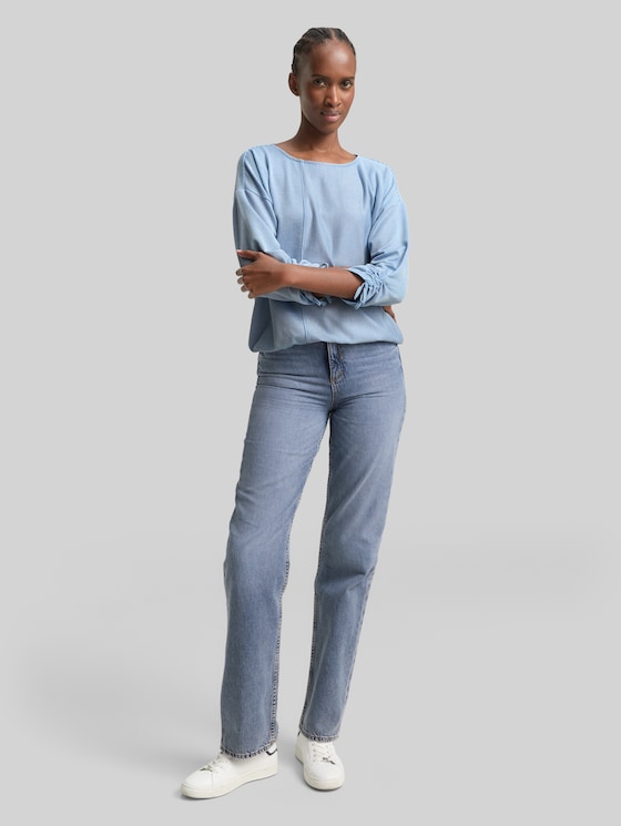 Loose-fit long-sleeved top with gathered sleeves - small mid blue white stripe