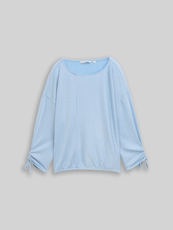 Loose-fit long-sleeved top with gathered sleeves - small mid blue white stripe