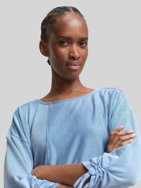 Loose-fit long-sleeved top with gathered sleeves - small mid blue white stripe