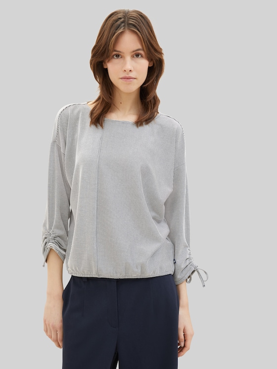 Loose-fit long-sleeved top with gathered sleeves - small navy white stripe