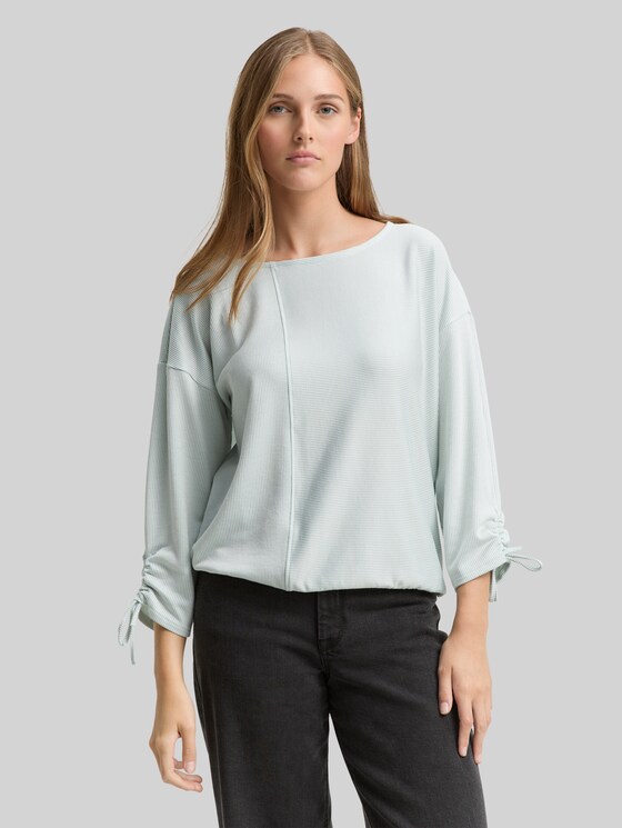 Loose-fit long-sleeved top with gathered sleeves - small mint white stripe