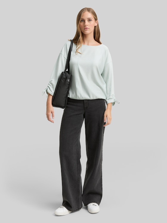 Loose-fit long-sleeved top with gathered sleeves - small mint white stripe