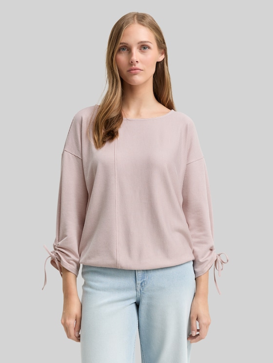 Loose-fit long-sleeved top with gathered sleeves - small dusty rose white stripe