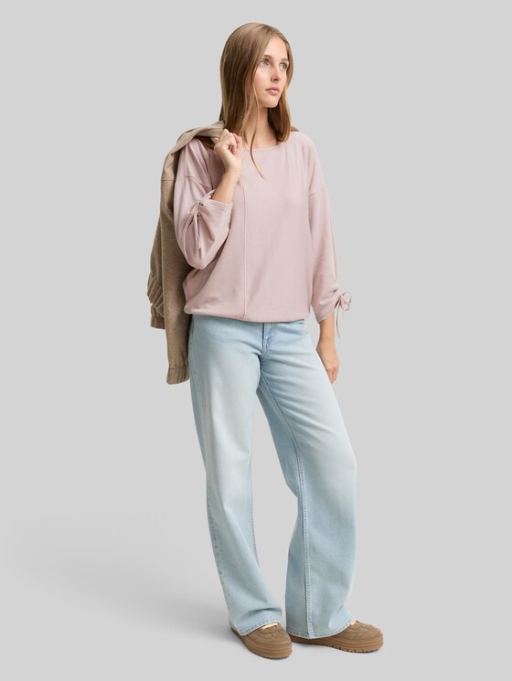 Loose-fit long-sleeved top with gathered sleeves - small dusty rose white stripe