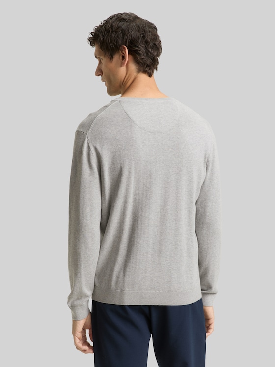 V-neck knitted jumper in cotton - Light Soft Grey Melange