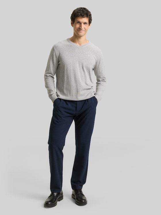 V-neck knitted jumper in cotton - Light Soft Grey Melange