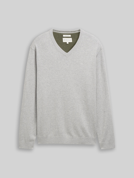 V-neck knitted jumper in cotton - Light Soft Grey Melange