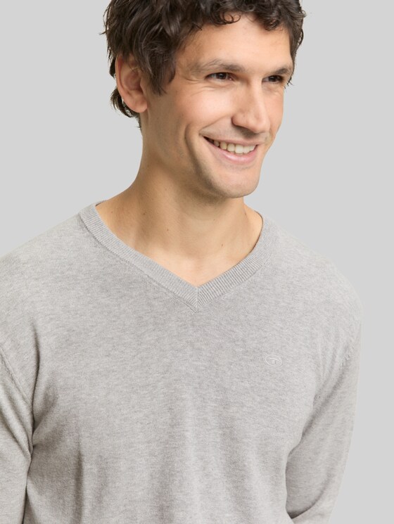 V-neck knitted jumper in cotton - Light Soft Grey Melange