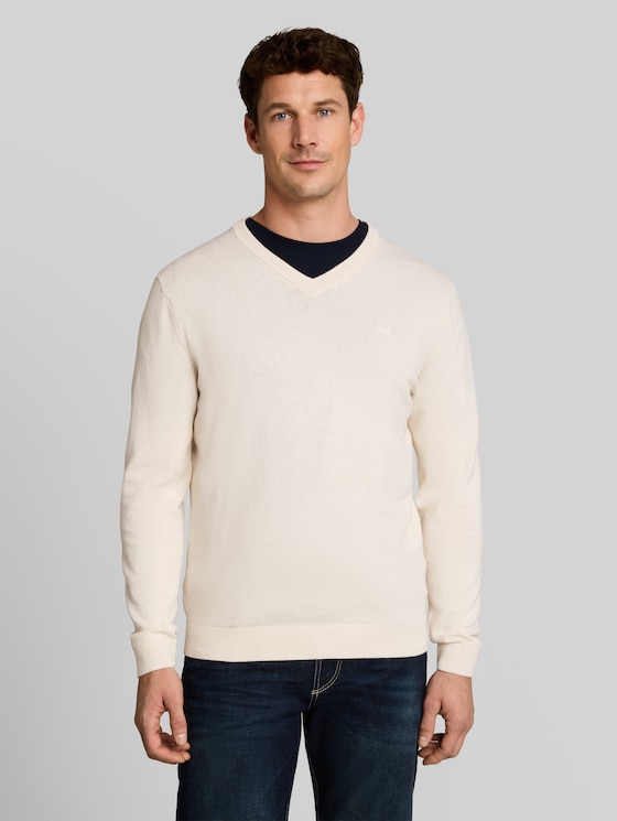 V-neck knitted jumper in cotton - soft buttercream melange
