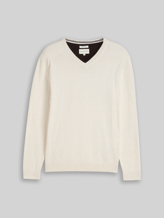 V-neck knitted jumper in cotton - soft buttercream melange