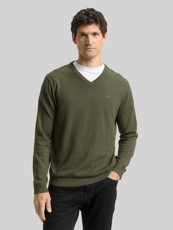 V-neck knitted jumper in cotton - tea leaf melange