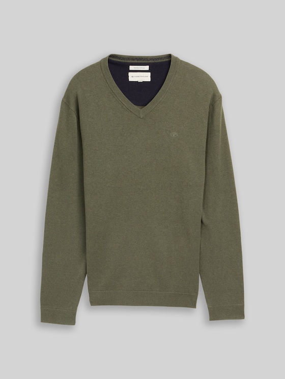 V-neck knitted jumper in cotton - tea leaf melange