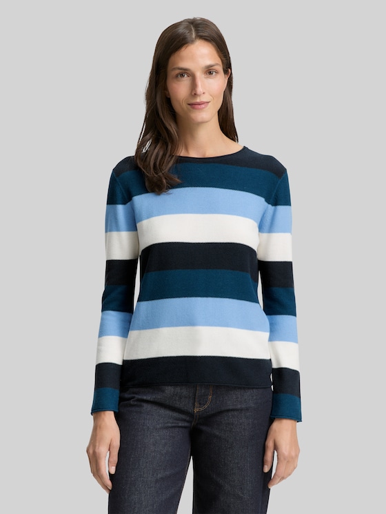 Round-neck knitted jumper - big teal knit stripe