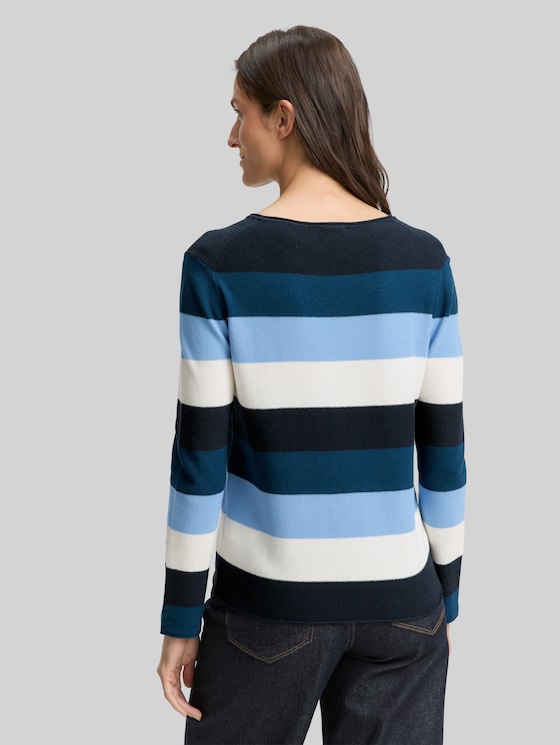 Round-neck knitted jumper - big teal knit stripe