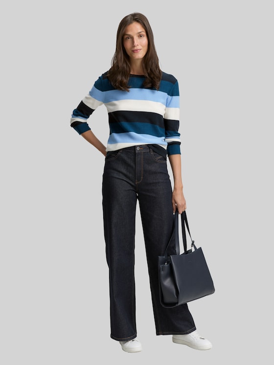 Round-neck knitted jumper - big teal knit stripe