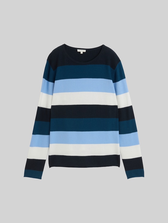 Round-neck knitted jumper - big teal knit stripe