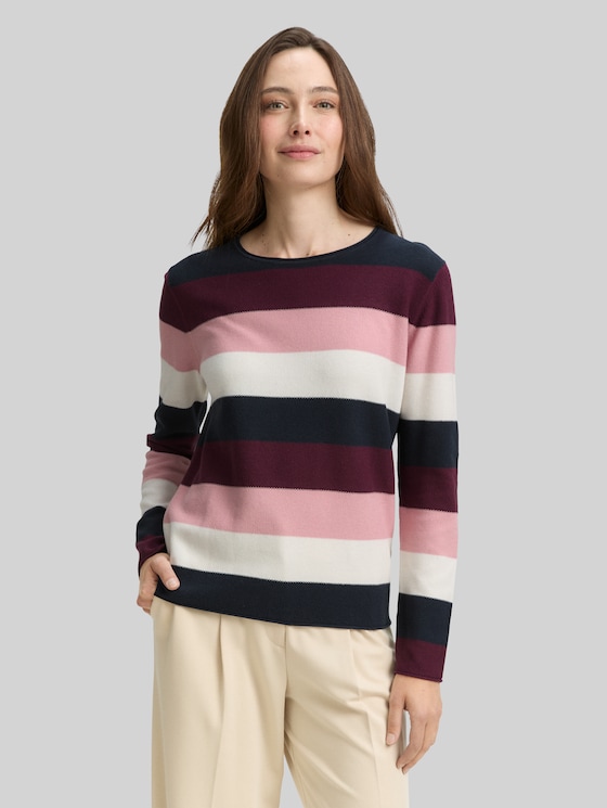 Round-neck knitted jumper - big rose knit stripe