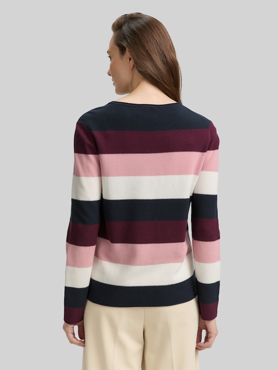 Round-neck knitted jumper - big rose knit stripe