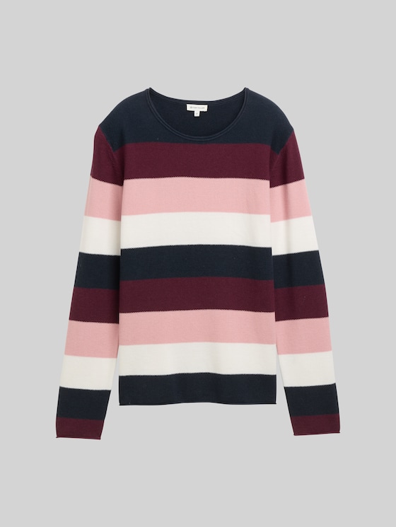 Round-neck knitted jumper - big rose knit stripe