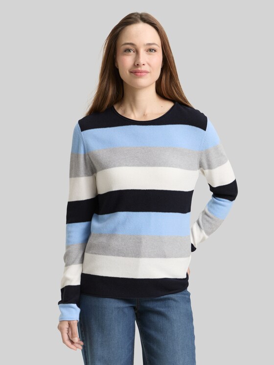 Round-neck knitted jumper - fjord blue grey stripe