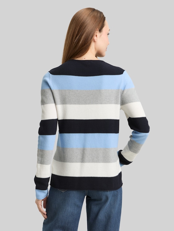 Round-neck knitted jumper - fjord blue grey stripe