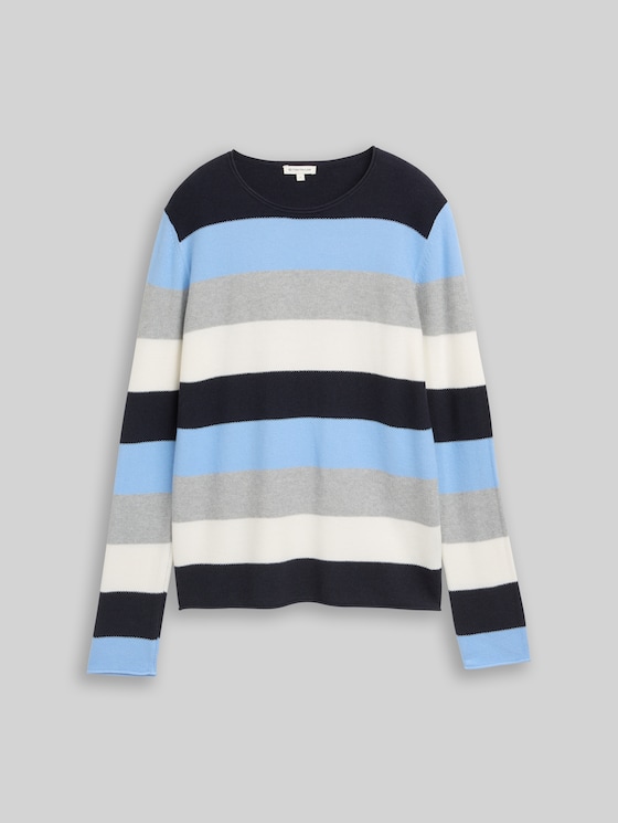 Round-neck knitted jumper - fjord blue grey stripe