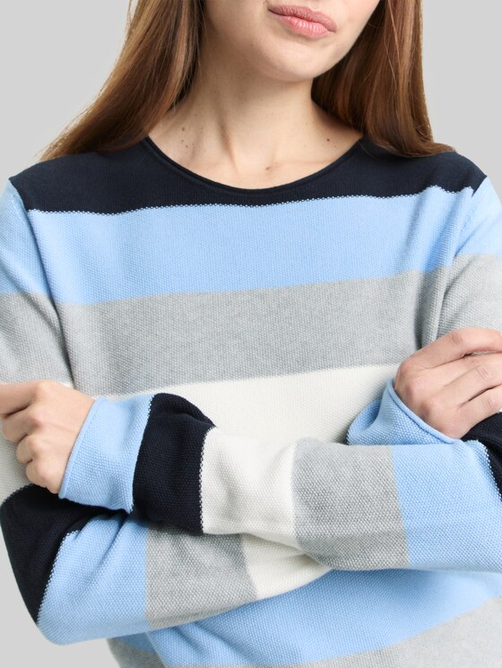 Round-neck knitted jumper - fjord blue grey stripe