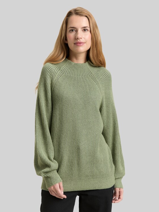 Ribbed sweater with a stand-up collar - pale bark green rib structure