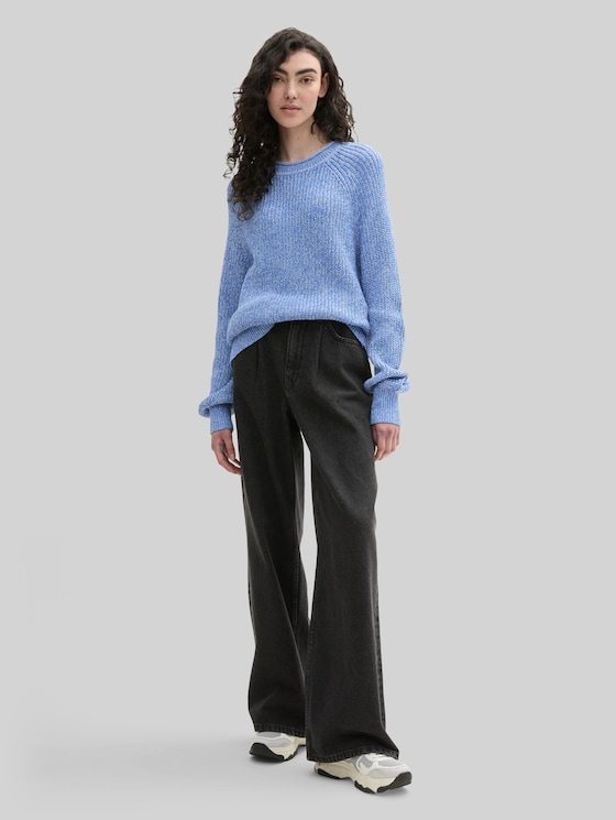 Knitted jumper with slightly puffed sleeves - sicilian blue melange