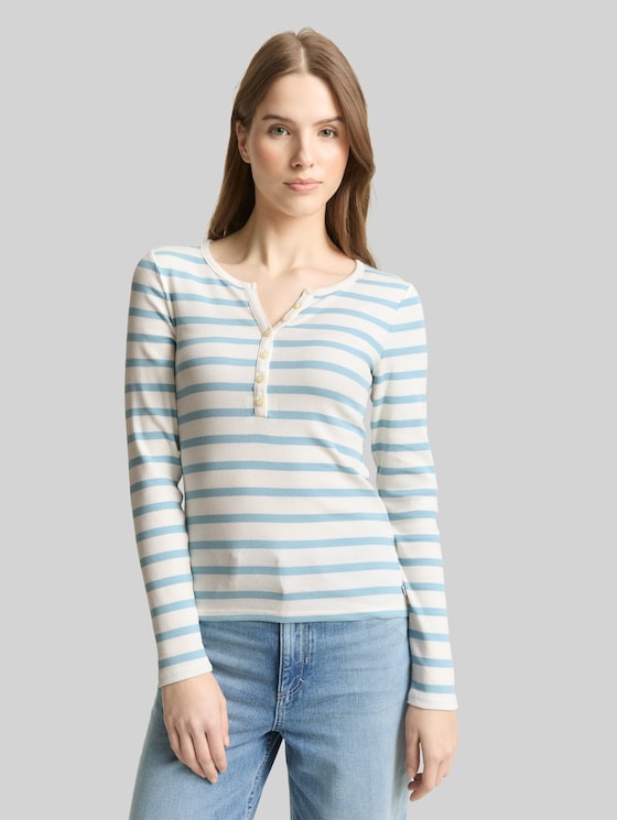 Slim-fit long-sleeved Henley - calm blue white stripe