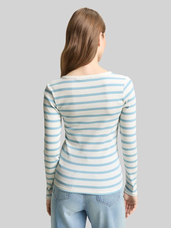 Slim-fit long-sleeved Henley - calm blue white stripe